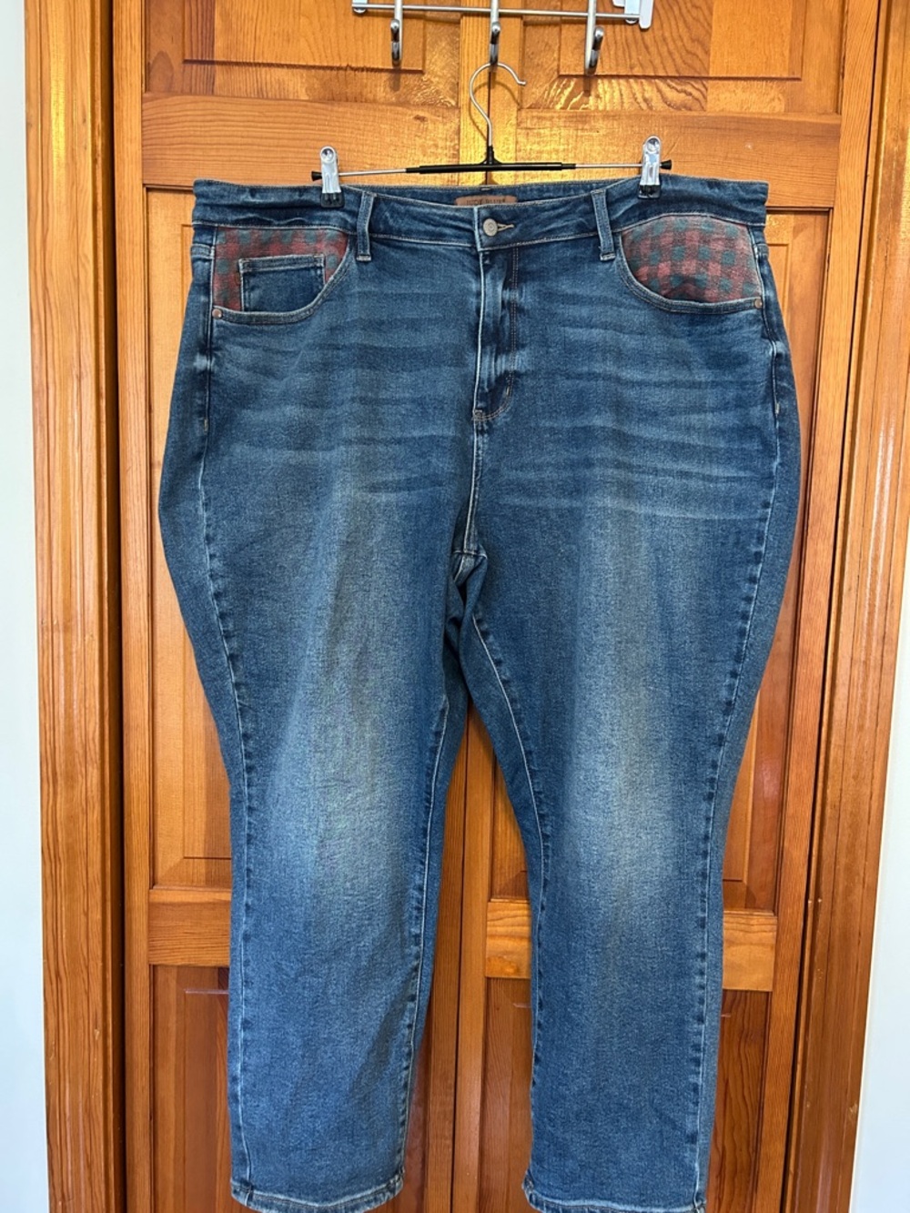 Judy Blue Plaid Patch Pocket Slim‑Fit Jeans Plus 24W EUC Ankle Length Denim